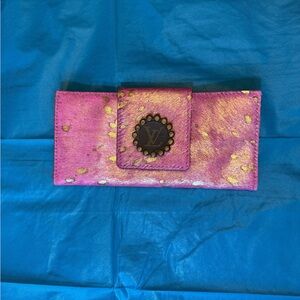 Pink Metallic Studded Leather Wallet with Logo Accent